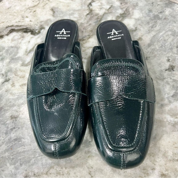 Aquatalia Dark Green Patent Leather Square Toe Mule Slide Loafers Size 6.5 - Picture 3 of 6